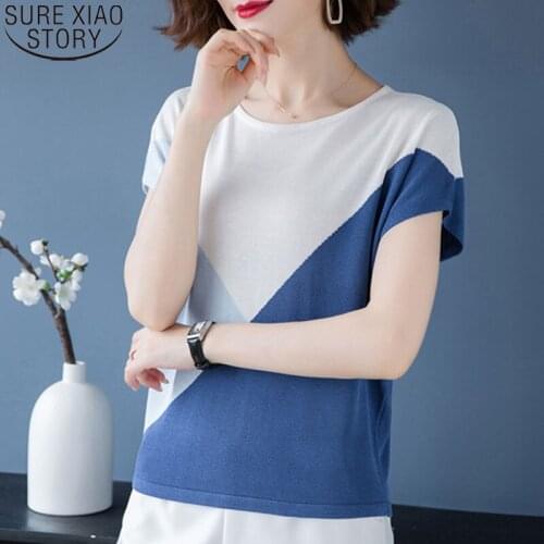 Women 2021 Summer New Fashion Short Sleeve Loose Round Collar Ice Silk Casual Thin Knitted T Shirt Tshirt Shirts Tops 9804