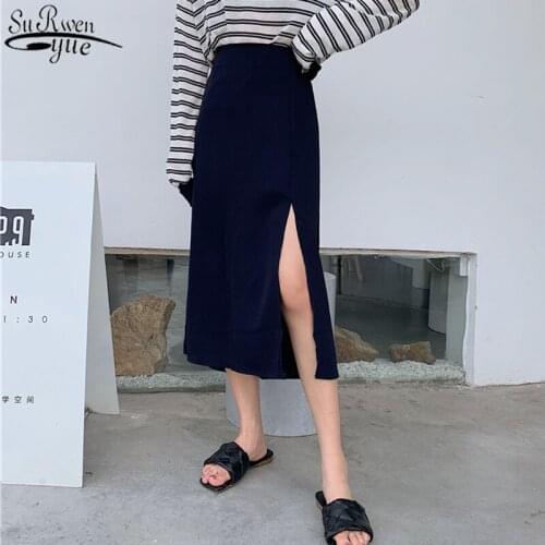 Autumn One-Piece Side Split Stitching Womens Skirt 2021 Korean New Black Slim A-line High Waist Midi Skirts Jupe Femme 10631