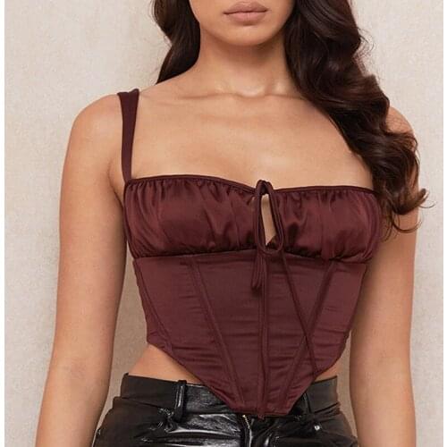 Womens Camis Top Lovely Cupped Satin Square Neck Zipper Ruched Padded Corset Fashion New Wine Red Party Club Casual Outfits