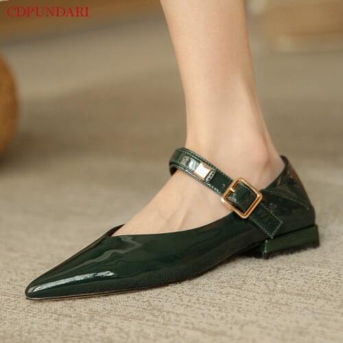 Luxury Sexy Pointed Toe Genuine Leather Mary Janes Flat Shoes Women Spring Summer Casual Flats Ladies Popular Black Green