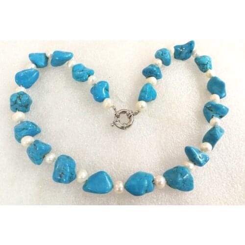 Woman jewelry 15mm Light blue natural stone Baroque beads white real pearl mixed Necklace natural freshwater pearl gift 18