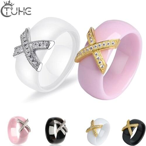 Fashion Jewelry Women Ceramic Rings 8mm X Cross With AAA Crystal For Women Elegant Simple Design Wedding Party Accessories Gifts