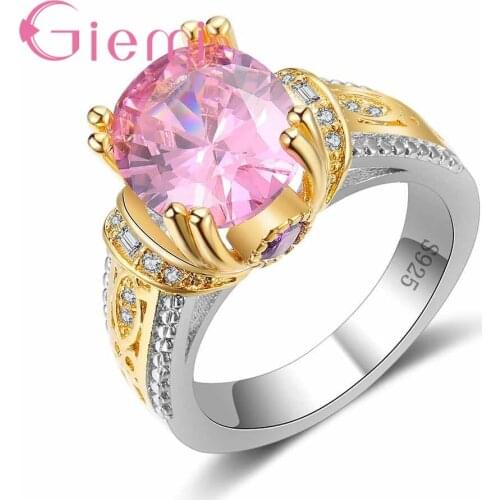 New 4 Claw Set Round Pink Crystal Ring Fashion Gold Color Jewelry 925 Sterling Silver Women Female Wedding Rings