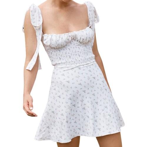 Women Sleeveless Smocked Dress Adults Summer Tie Up Printed Boat Neck Spaghetti Strap Tie-up A-line Dress