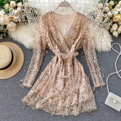 Ordifree 2021 Summer Women Party Dress Long Sleeve Belted Black Gold Sequin Sexy Tulle Dress