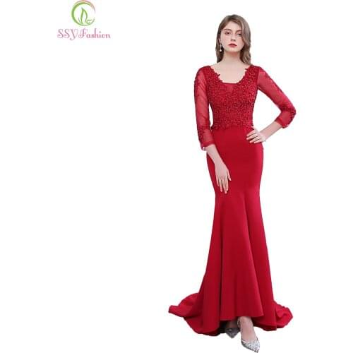 SSYFashion New Banquet Elegant Wine Red Mermaid Evening Dress Sexy Slim Long Sleeve Lace Appliques Long Formal Gowns Vestidos