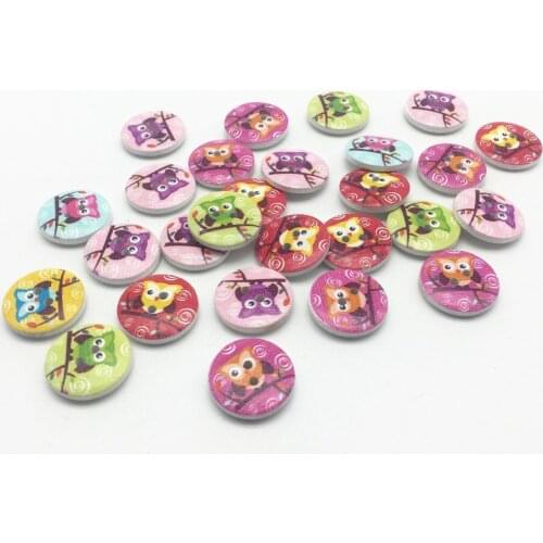 100pcs 15mm Mixed Owls Printed Wood Buttons Sewing Round Accesories Embellishments Scrapbook Cardmaking