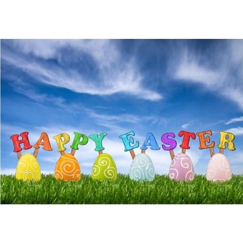 3X5ft Easter Backdrop Happpy Easter Eggs Spring Grass Background for Photos Backgrounds Blue Sky Photography Background Backdrop