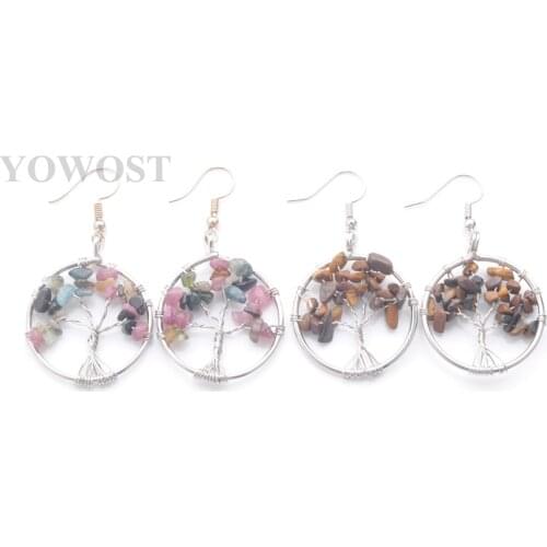 4 Pairs/lot fashion Female Jewelry Hook Earrings Round Dangle Pendants Tree of Life silvers wire wrapped Chips Stone QBR343