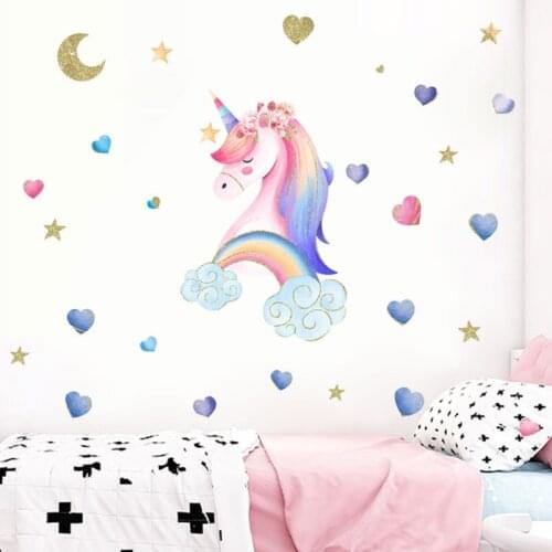 Watercolor Unicorn Wall Sticker Baby room Wall Decor Decals Cartoon Vinyl Wallpaper Murals Home Decoration PVC Stickers Posters