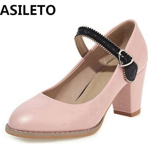 ASILETO New 2021 Ladies Pumps Round Toe 7cm Block Heels Faux Pig Leather Buckle Stylish Concise Heart Summer Casual S2137