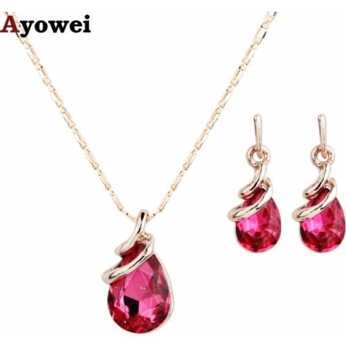 Ayowei Pink Crystal Zircon Rose Gold Set Spring Carnival Pendant Necklace Earrings Romantic Valentines Day Gift JS827A