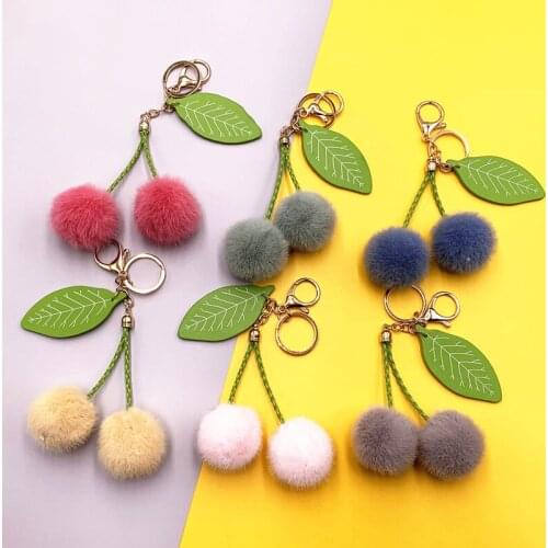 PU leaf hair ball key ring plush faux fur fruit bag car pendant cherry with fashion sweet fluffy pom pom keychain ladies gift