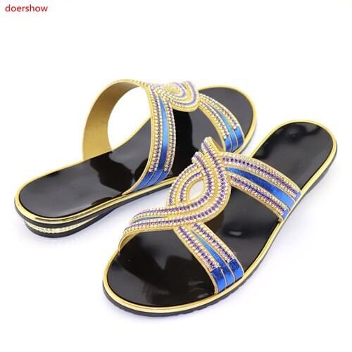 Doershow Gorgeous blue rhinestone women sandals feather design african black low heel shoes for dress !SFF1-4