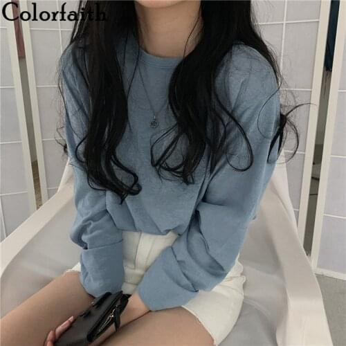 Colorfaith New 2021 Women Spring Autumn T-shirt Solid Bottoming Basic Fashionable Minimalist Style Wild Oversized Tops T2831