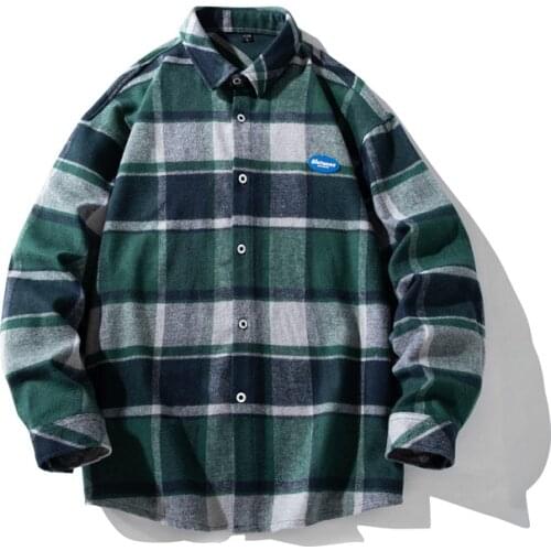 Korean Vintage Flannel Plaid Thick Shirt Jacket Male Couple Style Vintage Loose Green Shirts Long Sleeve High Street Male