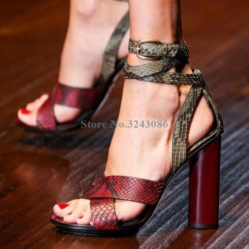 Red Yellow Faux Snakeskin Thick Heel Sandals Open Toe Ankle Buckle Strap High Heel Women Shoes Mature Sexy Women Party Shoes