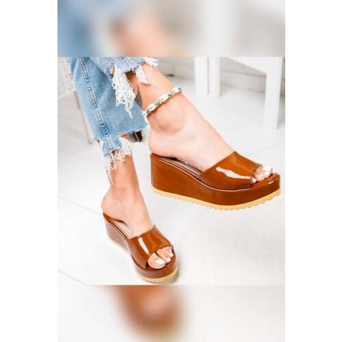 Limoya Women Tan Japanned Leather Wedges Slippers 'Turkish' Quality 2021 Fashion Design Season Comfort Fast Shipping