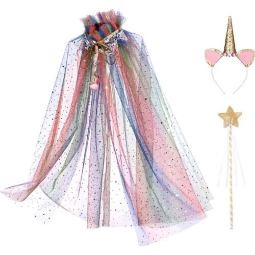 Princess Rainbow Cape Unicorn Headwear Fairy Stick Set Colorful Cloak Hair Hoop Fairy Stick Costume Accessories for Cosplay