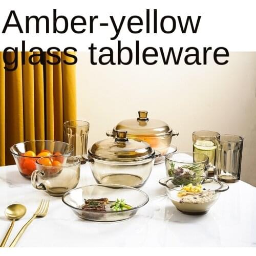 Brown Glass Bowl Set Double Ear Bowl For Eating Salad Bowl High Grade Western Food Plate And breakfast Cup Kitchen Accessories
