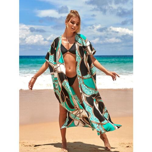 New Green Print Beach Cover up Over size Kimono Beach tunic Bikini Cover up 2021 Robe Plage Kaftan Pareo Plage Long Beachwear