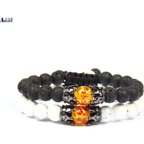 New Double Black Crown Sets Macrame Bracelets Wholesale 8mm Natural Howlite and Lava Stone Beads Top Quality