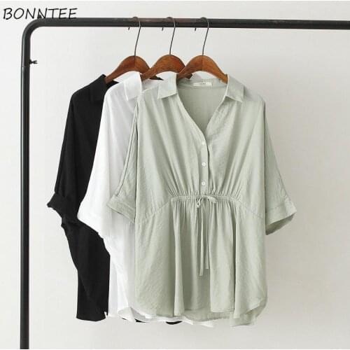 Shirts Women Tender Ladies Shirring Turn-down Collar Solid Elegant Female Classy Girls Tops Chic Ins Summer Ulzzang Streetwear