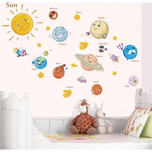 Solar System wall stickers decals for kids rooms Stars outer space planets Earth Sun Saturn Mars poster Mural school decor