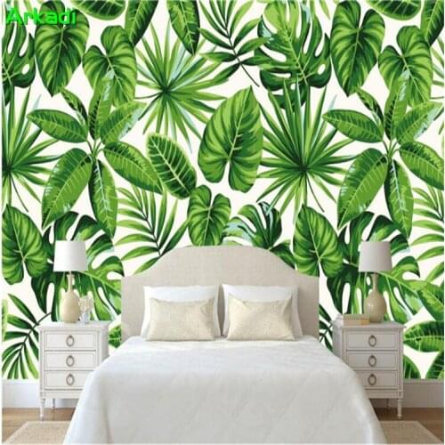 Modern fresh tropical rainforest plant banana leaf rural wallpaper wall background living room TV backdrop wall bedroom mural