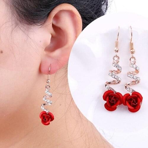 Stylish Vintage Luxury Rhinestone Inlaid Rose Flower Spiral Dangle Women Hook Earrings Jewelry Gift for women Gift Party Wedding