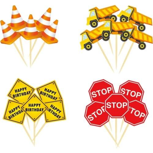 Construction Theme Cartoon Car Warning Sign Cake Topper Happy Birthday Cupcake Wrapper Kids Birthday Party Decoration Supplies