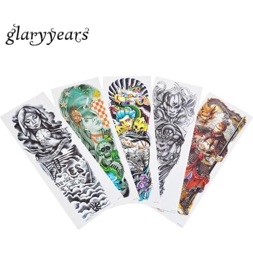 5 Pieces Temporary Full Arm Tattoo Stickers Monkey King Skull Design Unisex DIY Makeup Tool Big Tattoo Decal Color Drawing QB#09