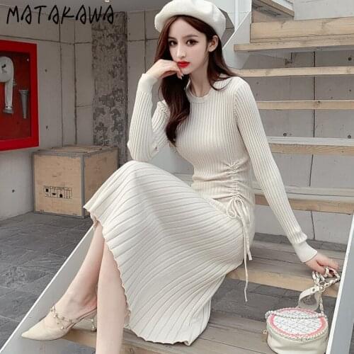 Matakawa Knitetd Dress French Vintage O Neck Slim Shirring Lace Up Vestidos Solid High Waist Elegant Robe Inside Dresses Women