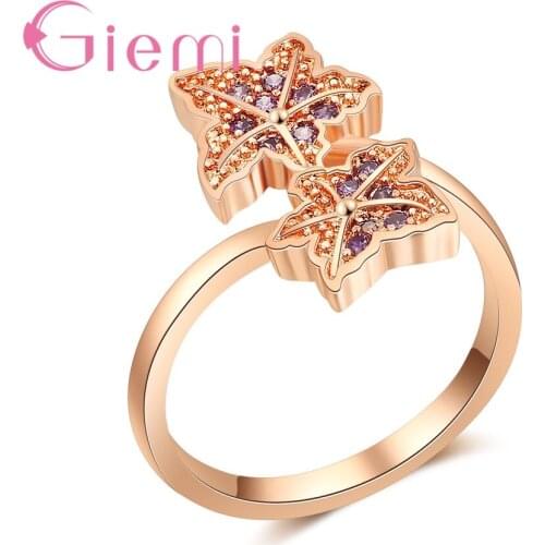 High Quality Different Design Leaf Shape Purple Cubic Zirconia Best Rose Gold Color Finger Rings For Women Jewelry Crystal