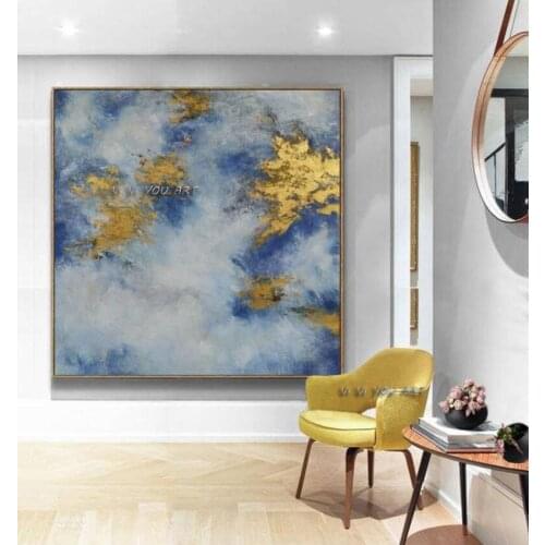 High Quality hand painted Yellow Gold Blue Abstract painting Dreamlike Shading Method Oil Painting Canvas Handmade Home Decora