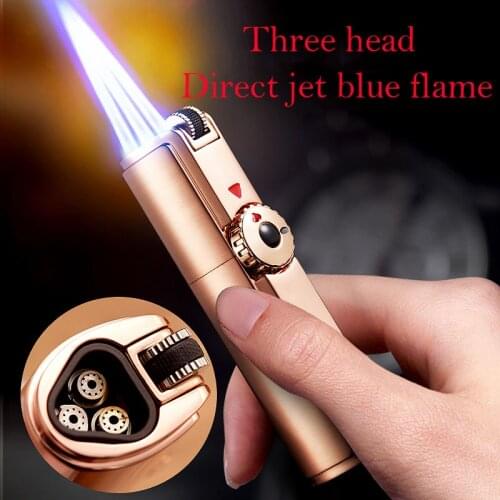 Three straight fire cigar lighter butane gasline inflatable lighter welding turbo torch three jet flames gift package box