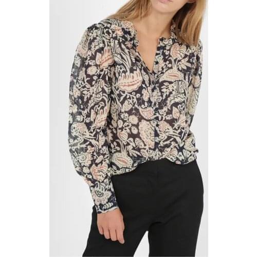 2021 New Women Long Sleeve Blouse Spring Autumn 100% Viscose Vintage Print Shirt Ruffled Collar Casual Shirt Top with Buttons