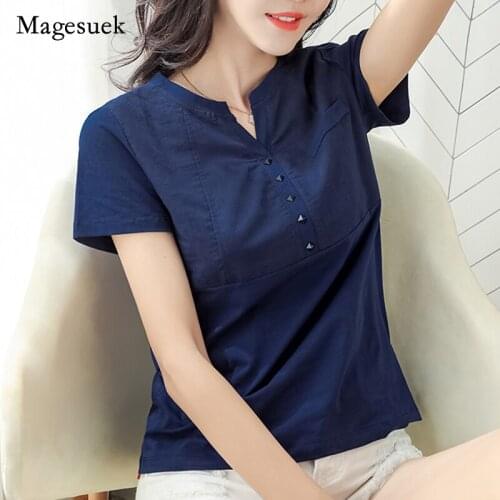 Women Casual Cotton White Plus Size V-neck Feminine Tops Summer Short Sleeve Tee Shirt Ladies Slim Plus Size 3XL Tshirt 8588 50