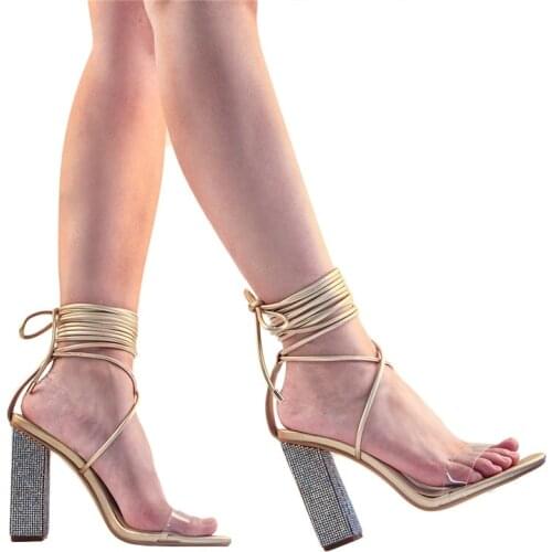 Onlymaker Womens 10cm high heels Gladiator Ankle Strap Clear Rhinestone Lace up Chunky High Heel Strappy Sandals size 43