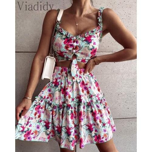 Women Floral Print Ruffles Design Crop Top and High Waist Pleated Skirt 2pcs Set
