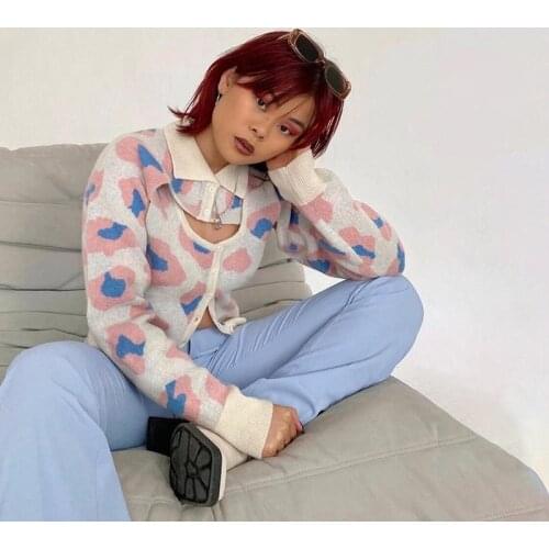 Leopard Long Sleeve Two Sets 2021 Autumn Fashion Khaki Knitted Button Tank Top Turn Down Neck Streetwear Women Sexy Tops Tshirts