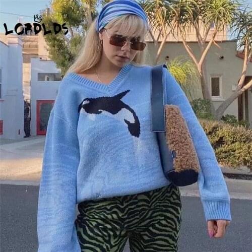 LORDLDS Women Blue Autumn Winter Sweaters Long Sleeve V Neck Loose Fashion Wave Paisley Print Knitted Sweater Pullover Tops