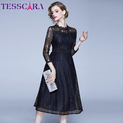 TESSCARA Women Spring Elegant Lace Dress Festa Female Long Office Cocktail Party Robe High Quality Designer Vintage Vestidos