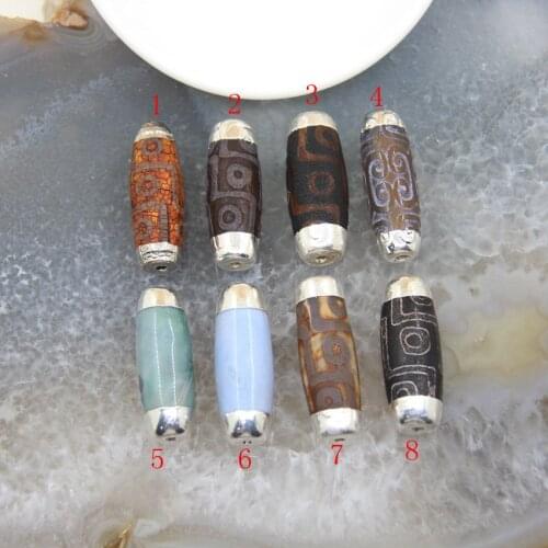 1Pcs Natural Tibetan Dzi Beads Agates Connectors Necklace Amulet Pendant Silvery Caps Bracelet DIY Jewelry Accessories 14x40mm
