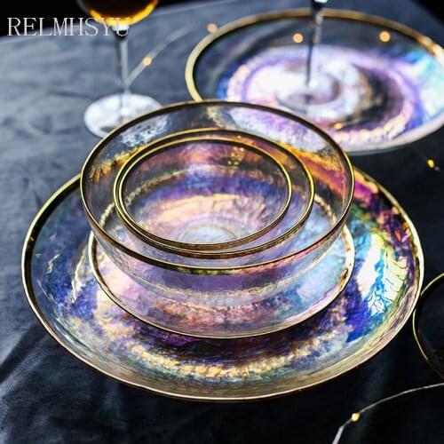 1PC RELMHSYU Euorpean Style Colorful Gold-painted Glass Salad Noodle Bowls Transparent Hammered Round Fruit Western Food Dinne