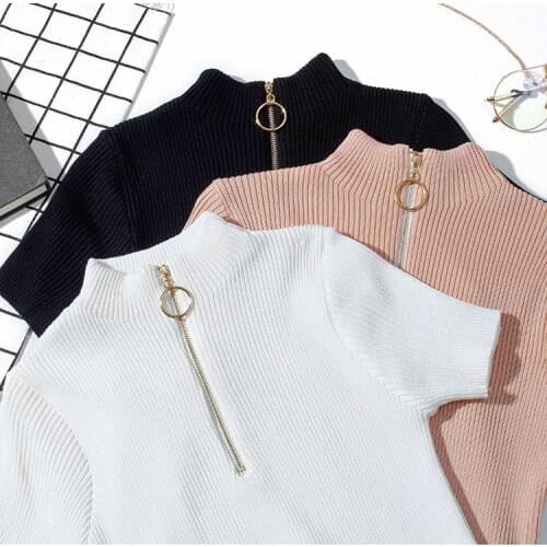 2019 Summer solid knit T Shirt Women Casual Short Sleeves Top basic Slim knitted T shirt Female Fake Zippers T-shirt G383