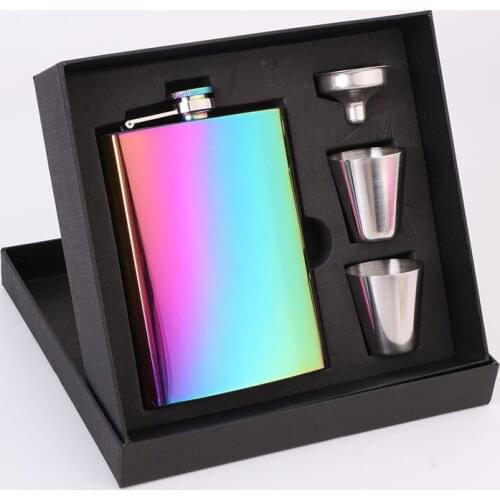 8oz Colorful Stainless Steel Hip Flask Set Whiskey Wine Bottle Retro Alcohol Pocket Flagon Face Alcohol Vodka With Cup Gifts Box