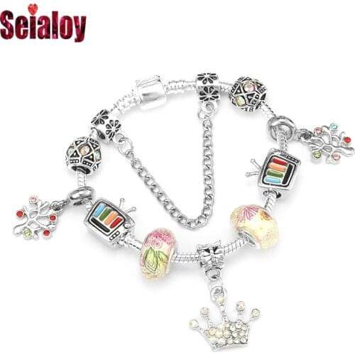 Seialoy Multicolor Coral Crown Dangle Charm Bracelets For Women Girls Original Shiny TV Set Beads Silver Color Bangle Child Gift