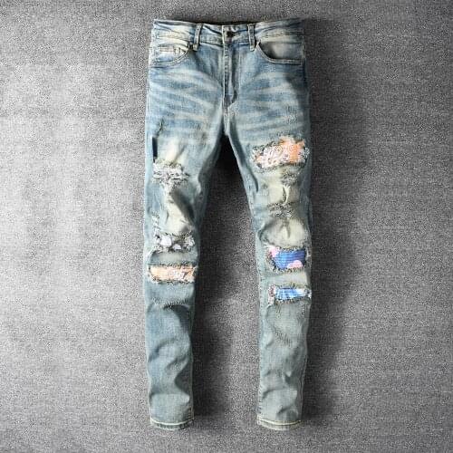 New mens male trousers High Street Tide Brand High Street Fashion Retro Distressed Patch Jeans Ripped Stretch Slim Denim Pants