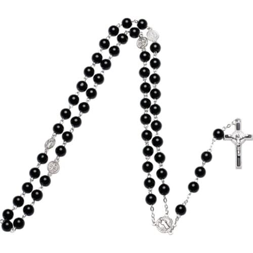 Black Glass Christ Jesus Cross Religious Necklace Catholic Rosary Necklace Church Souvenirs Prayer Pendant Necklace